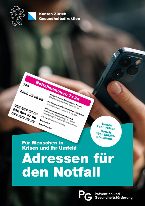 Abbildung des Flyers mit Notfalladressen und Dispenser
